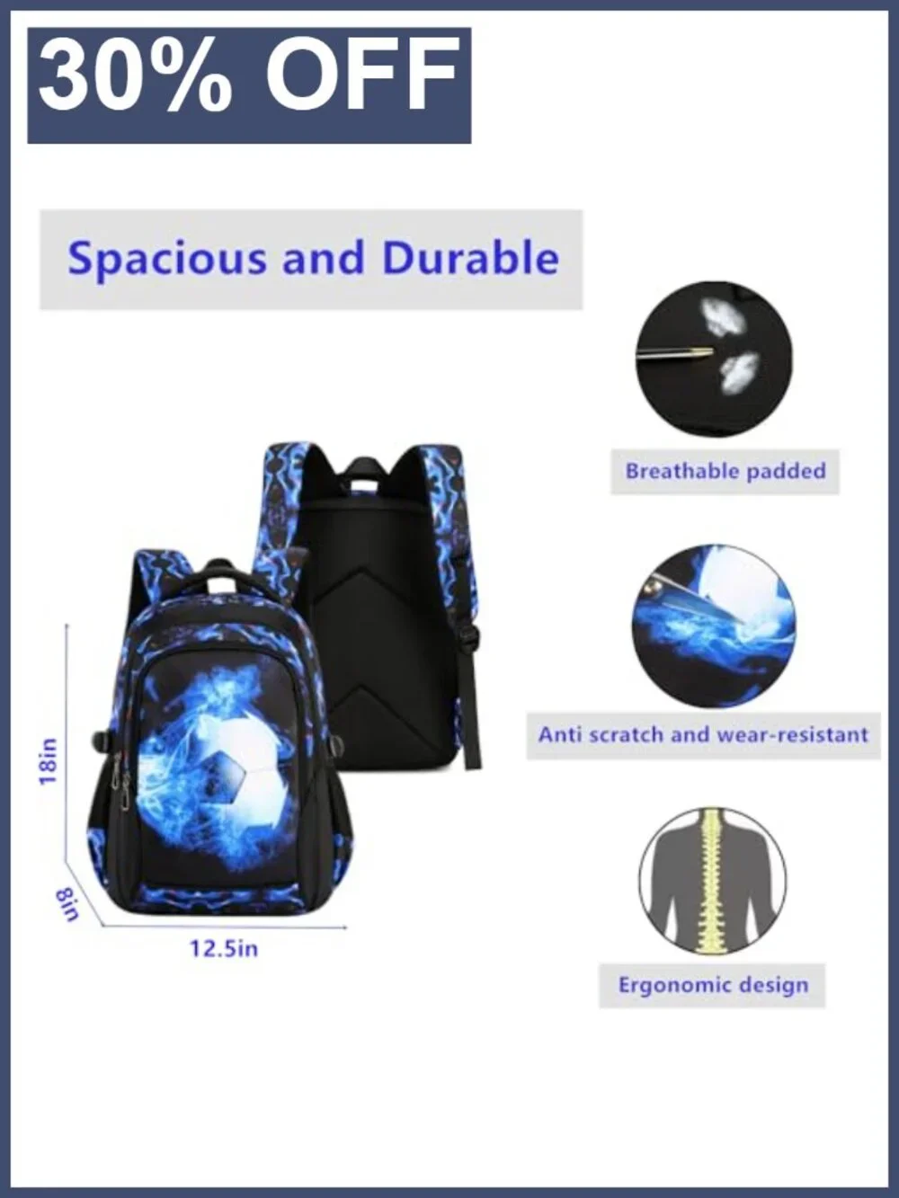 Boys Backpack Kids Bookbag Durable Elementary Middle School Bags Soccer 18in